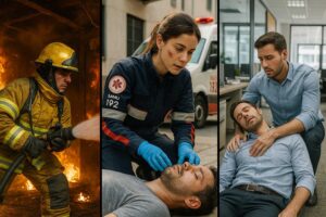 Imagem ilustrando a importância do curso de APH para segurança pública, brigadas de incêndio e eventos com grande público, valorizando o currículo na saúde e segurança.